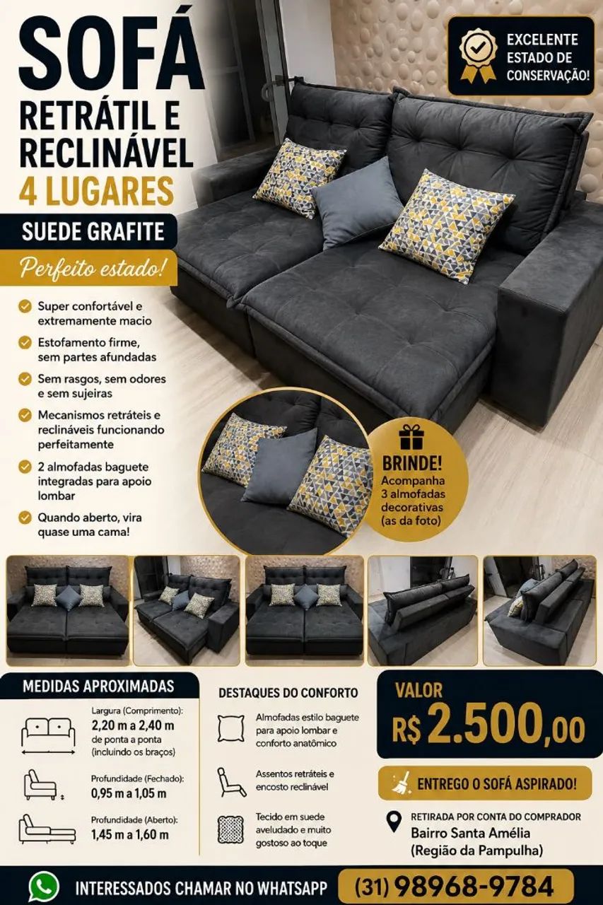 Sofá Retrátil Suede 