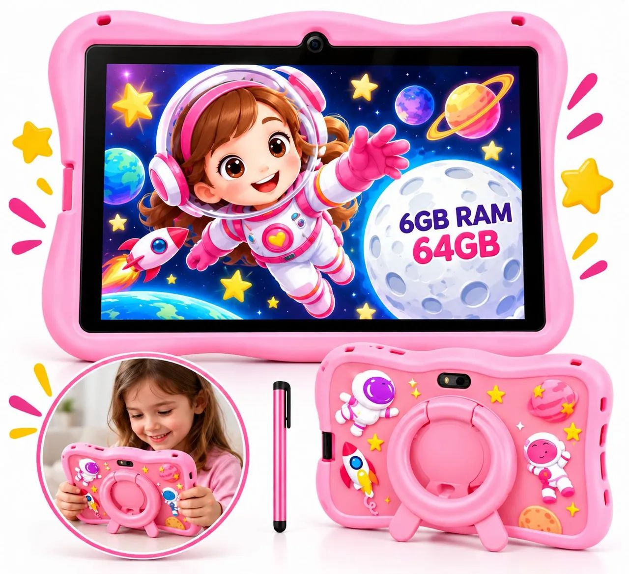 Tablet infantil Kids 7 Polegadas Android 13 6GB RAM + 64GB Wi-fi Capa Protetora Caneta Tou