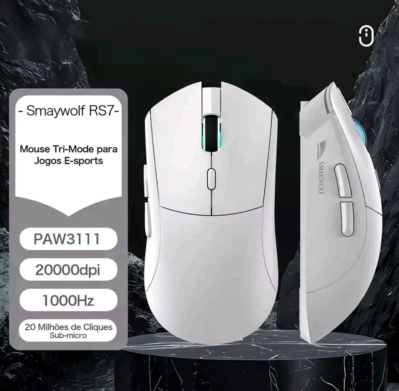 Mouse RS7 Sensor PAW3311 Tri-Mode (2.4G/BT/Cabo) SMAILWOLF Branco