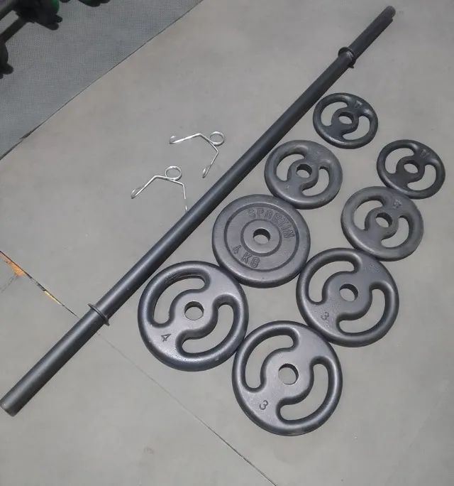 Barra Bíceps + 20kg Anilhas Ferro - Foto 2