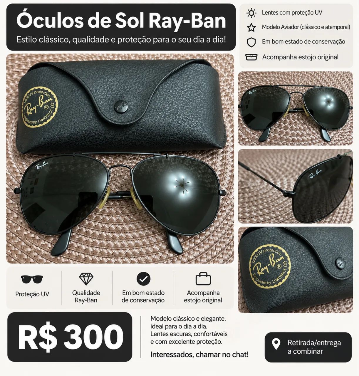Óculos de sol aviador Ray-Ban usado  
