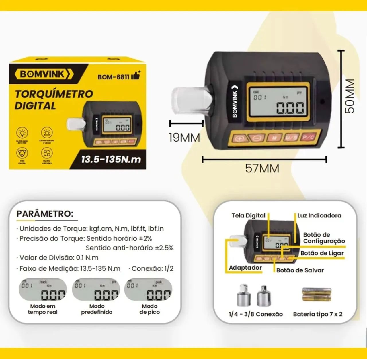 Torquímetro Digital BOMVINK BOM-6811 13,5-135Nm com Alarme Sonoro e Luminoso + Adaptadores