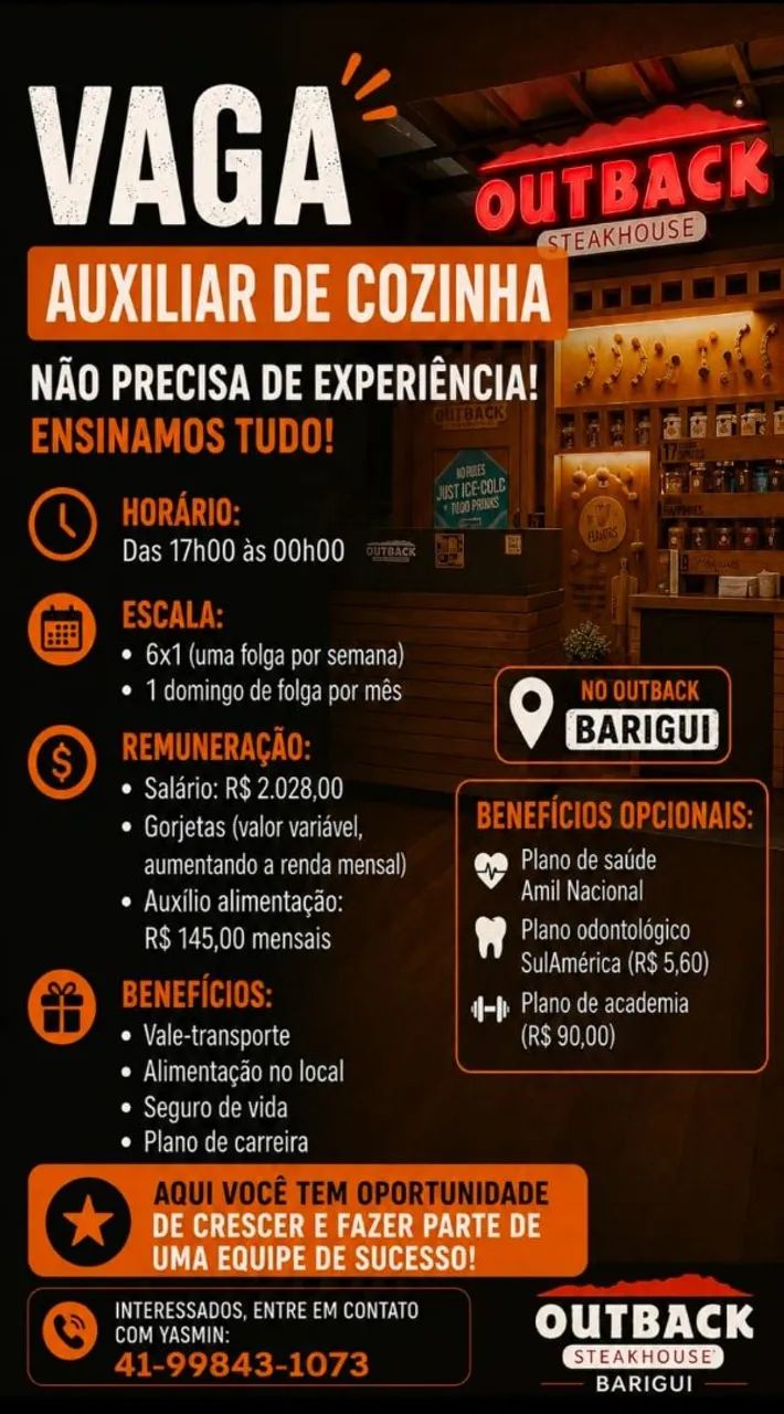 Vagas outback barigui, falar com a Yasmin 41- *