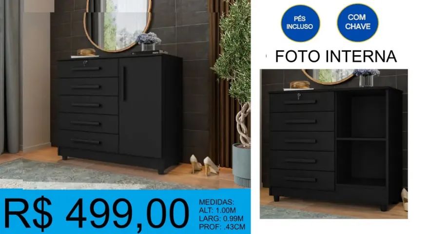 Comoda com chave e 4 gavetas - a pronta entrega