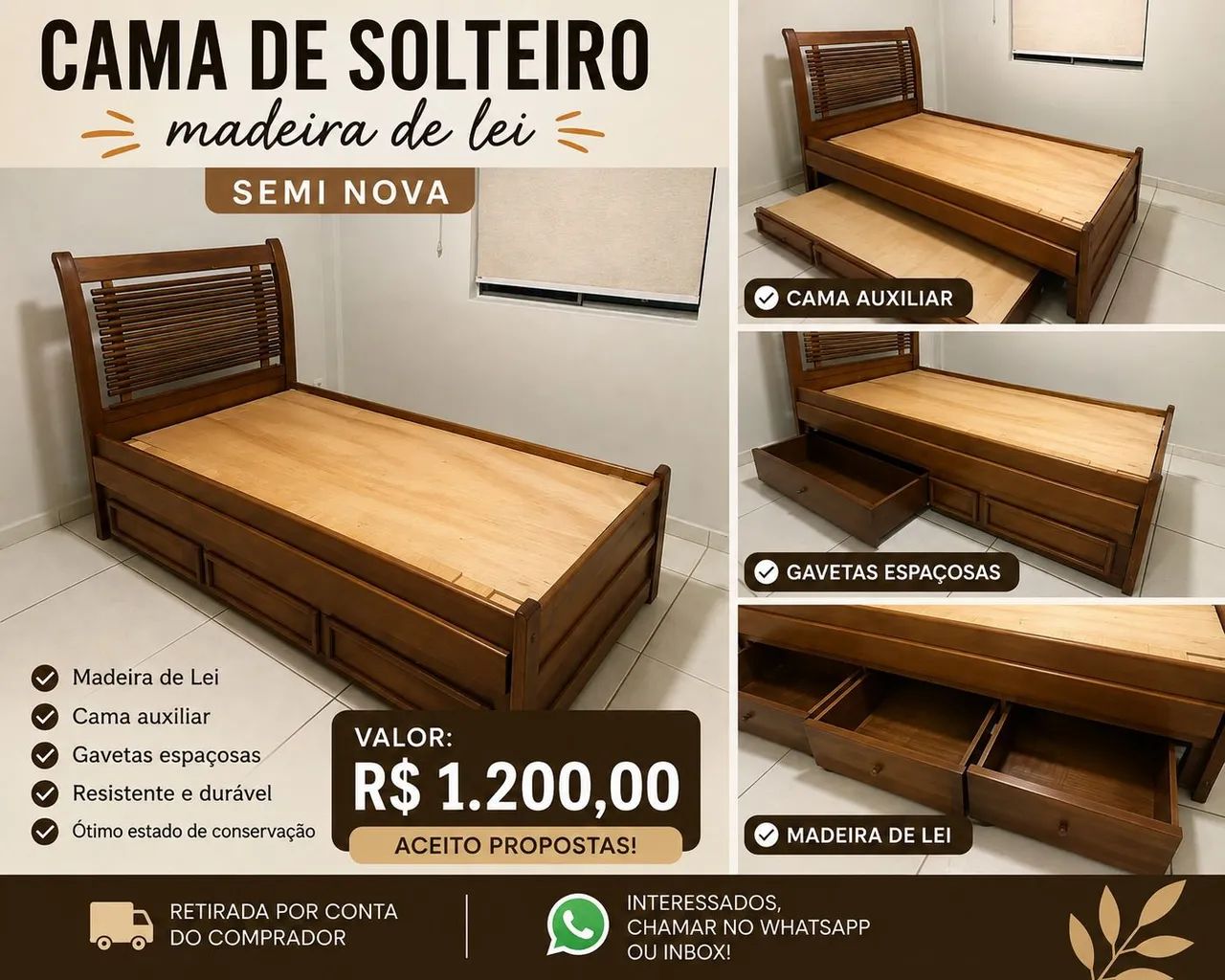 Cama solteiro madeira de lei - Foto 2