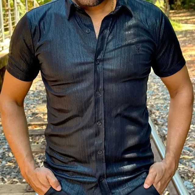 Camisas Manga Curta Slim Malha Lamê  - Foto 2