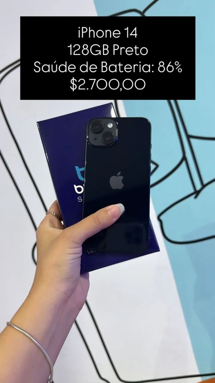 iPhone 14 - 128GB Preto / Saúde de Bateria: 86% / Original / Com