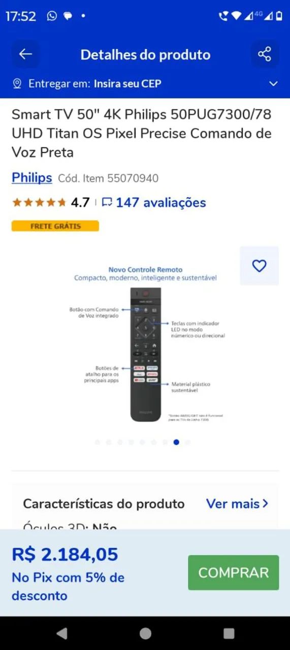 Tv plillips 50 polegadas modelo 50pug7300/78 nova na Caixa  - Foto 2