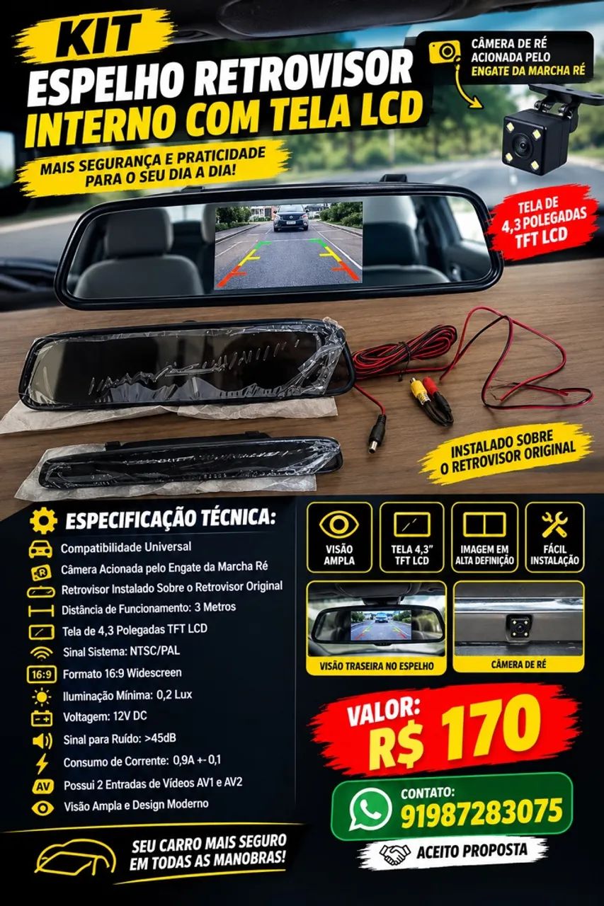Kit Retrovisor Tela LCD 4,3 Polegadas