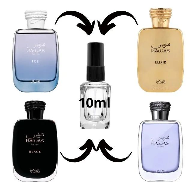 kit 4 decant 10ml cada hawas ice, hawas elixir, hawas black e hawas for him