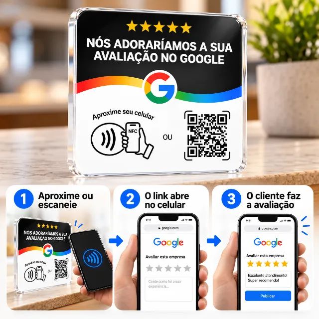 Placa NFC Google Avaliações com QR Code para Empresas e Lojas - Preto - Foto 5