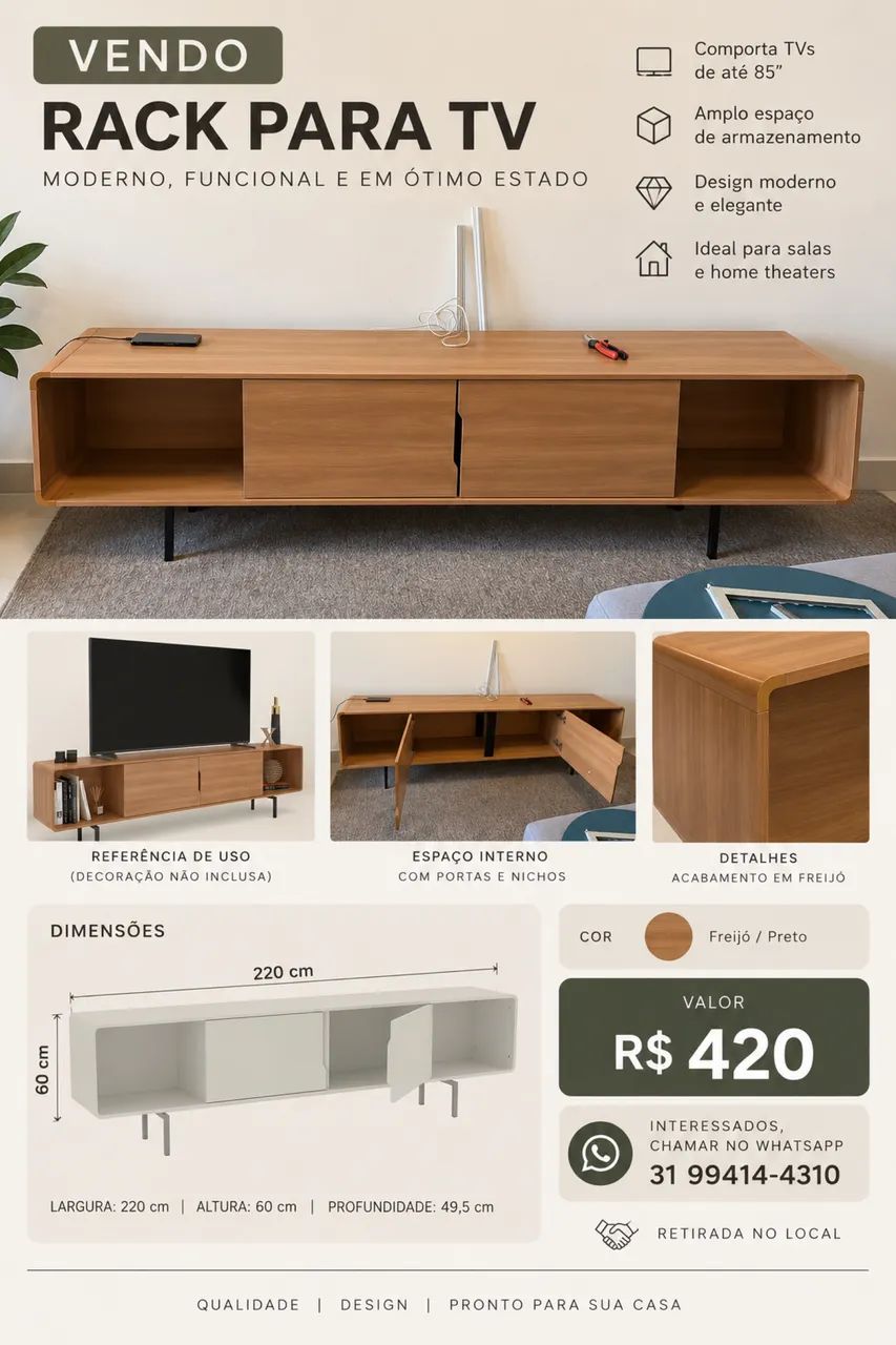 Rack para TV ate 85 Polegadas 220cm Freijó/Preto - Foto 4