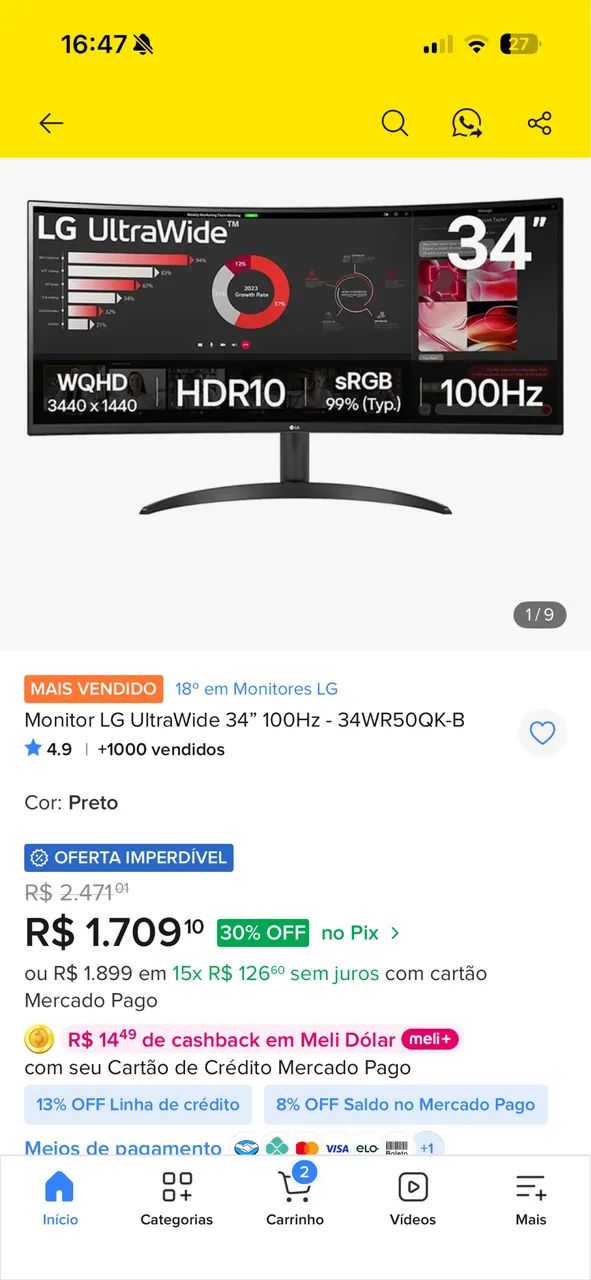Monitor LG UltraWide 34pol com TELA DANIFICADA - Foto 3