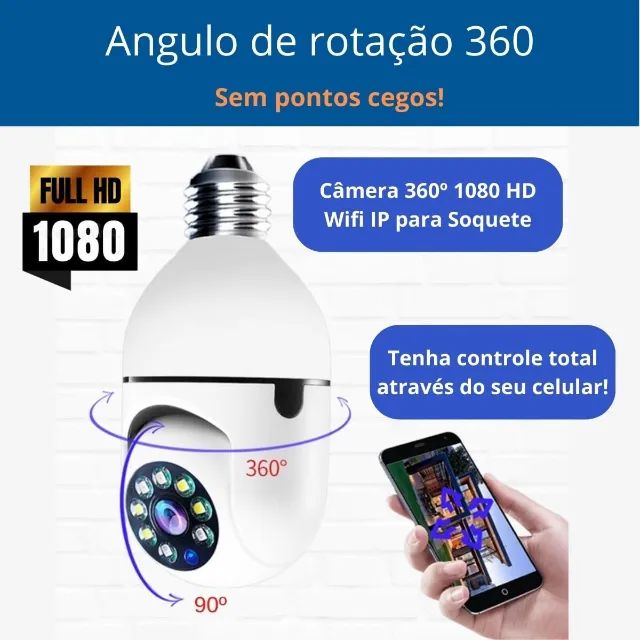 Camera Lâmpada Wifi Ip Segurança Panorâmica Giratória 360 1080P com Visão Noturna - Foto 3
