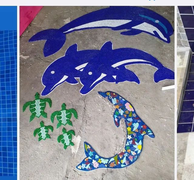 Golfinho, tartaruga, mosaico, piscina
