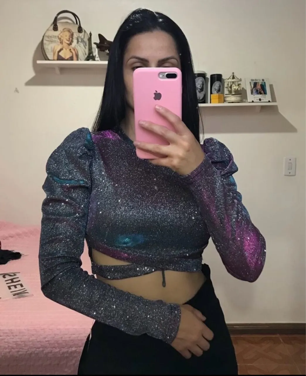 Blusa top glitter com manga bufante
