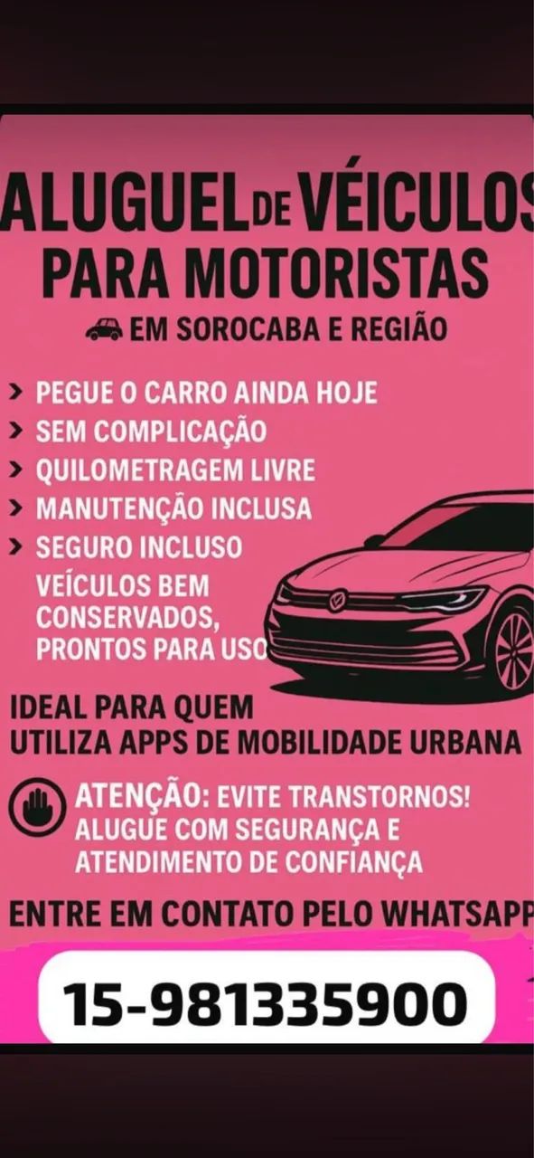ALUGUEL DE CARRO PARA MOTORISTA DE APLICATIVO 