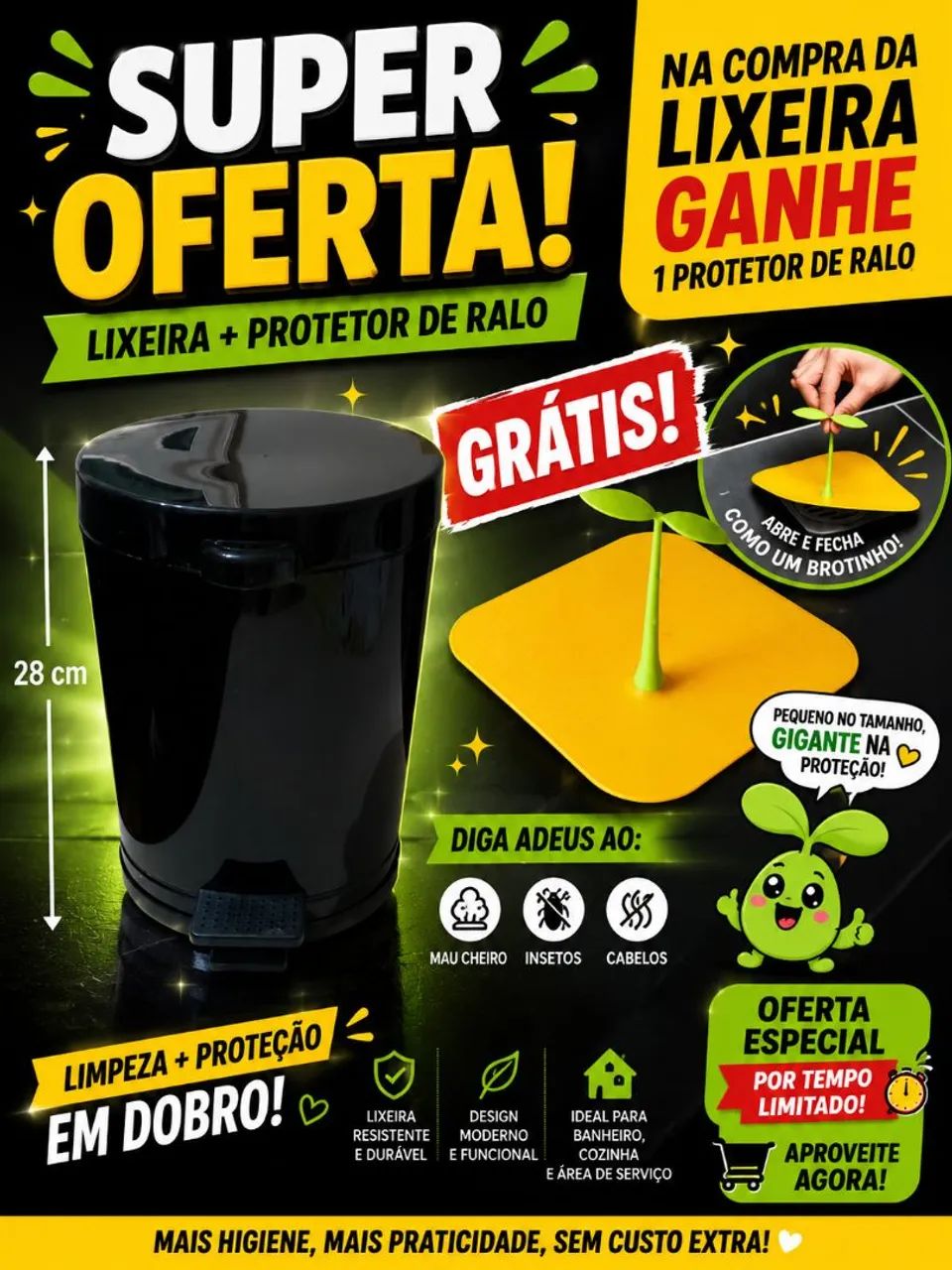 Lixeira pedal 5L (Ganhe um lindo protetor de ralo)