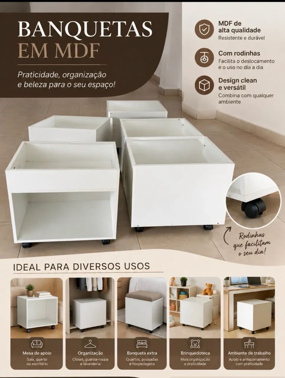 Mesas em MDF com rodinha e compartimento. 