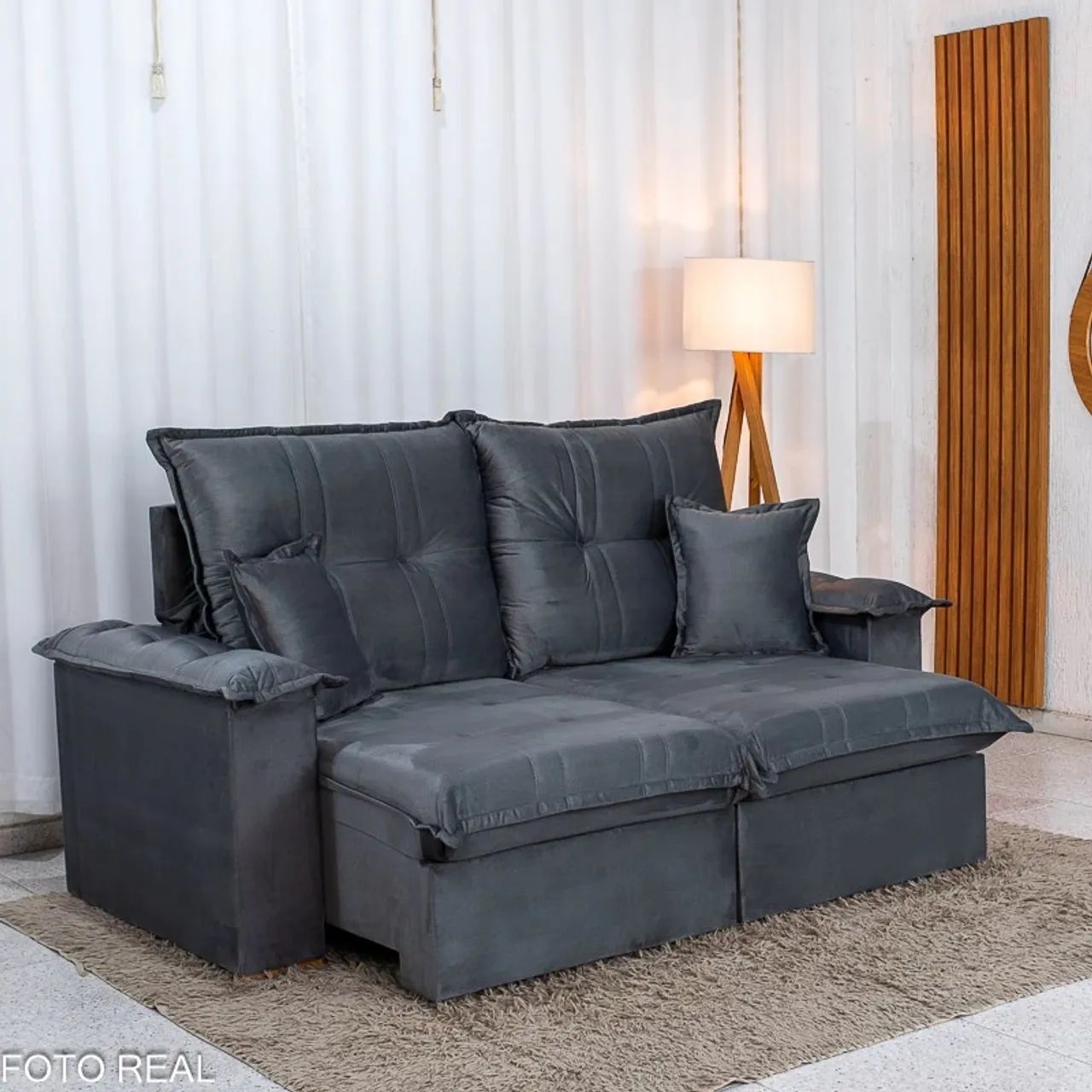Sofá Retrátil Reclinável Bela 2.00m Veludo Cinza - Foto 3