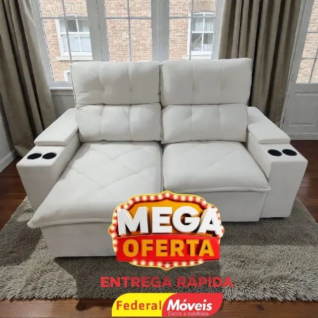 Sofá OFF WHITE 2,00m c/ Porta Copos nos Braços Veludo SUPER OFERTA