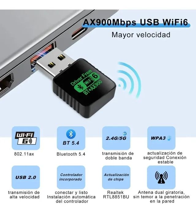 Adaptador Wifi6 Usb Ax900 2.4g/5g E Bluetooth Para Pc - Foto 2