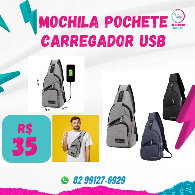 Bolsa de ombro masculina anti-roubo com entrada para carregador usb