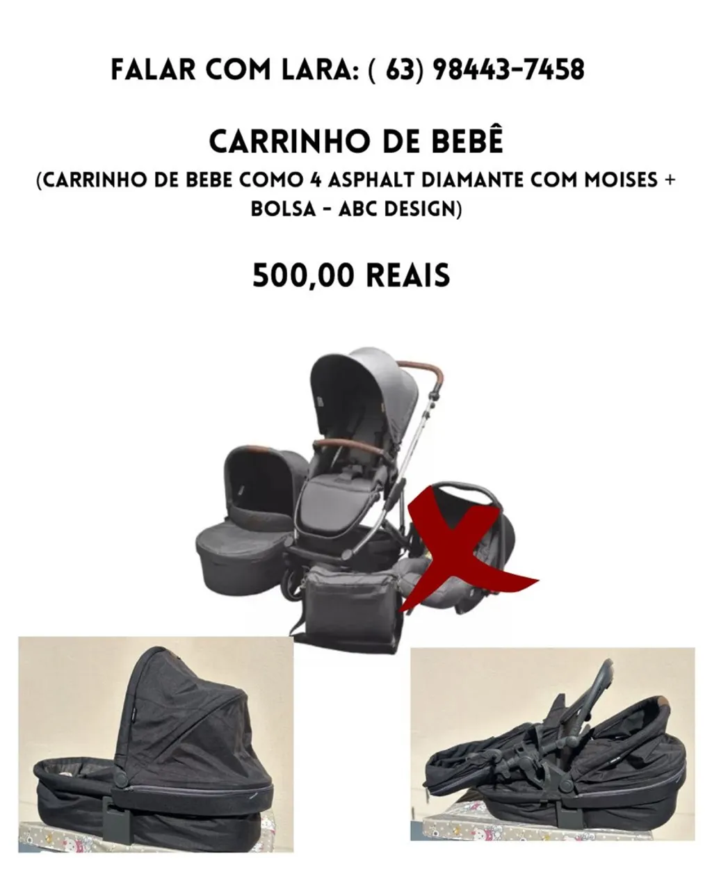 Carrinho de Bebê Asphalt Diamante + Moisés + Bolsa ABC Design