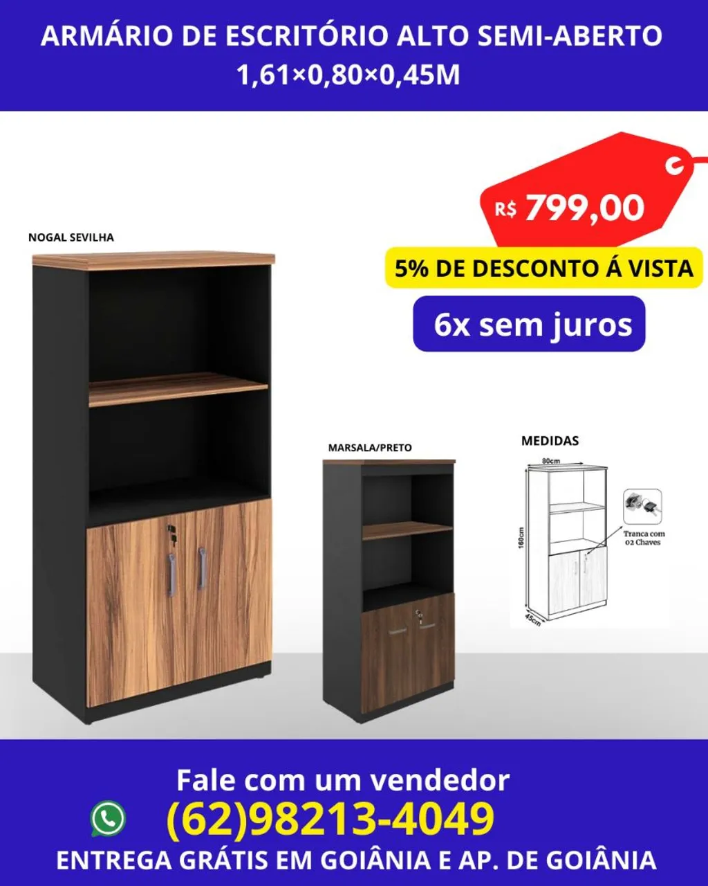 Armário de Escritório Alto Semi-Aberto 1,61x0,80x0,45M