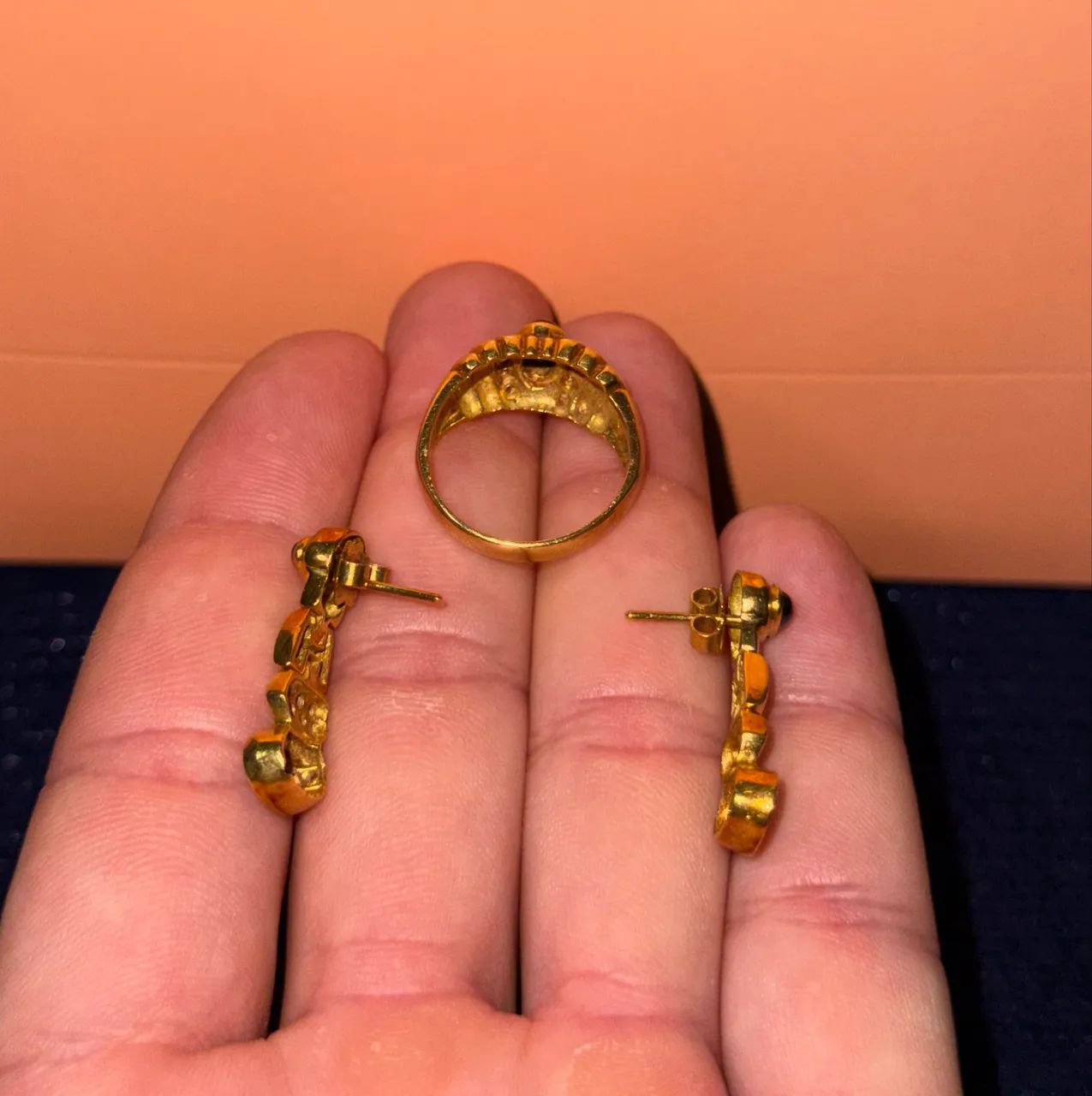 Anel e Brincos De Ouro 18k Com Safira Luxuoso!   - Foto 4