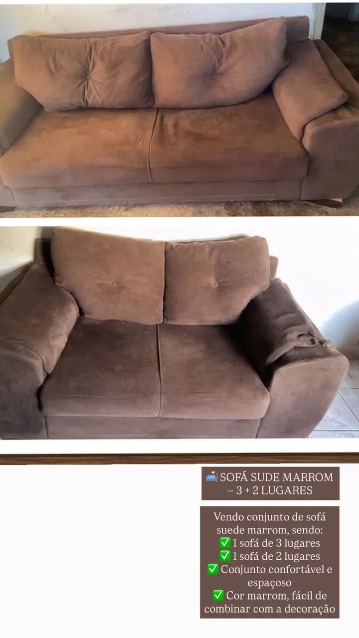 Sofá 3 e 2 lugares (suede marrom)