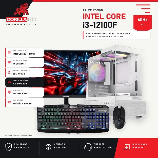 PC Gamer Completo Core i3-12100F RX 6400 4GB 16GB SSD 480GB Monitor 19"