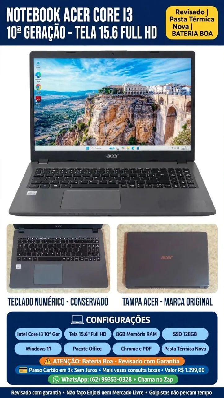 Notebook Acer Core i3 10°Geração/ SSD 128GB/ 8GB/