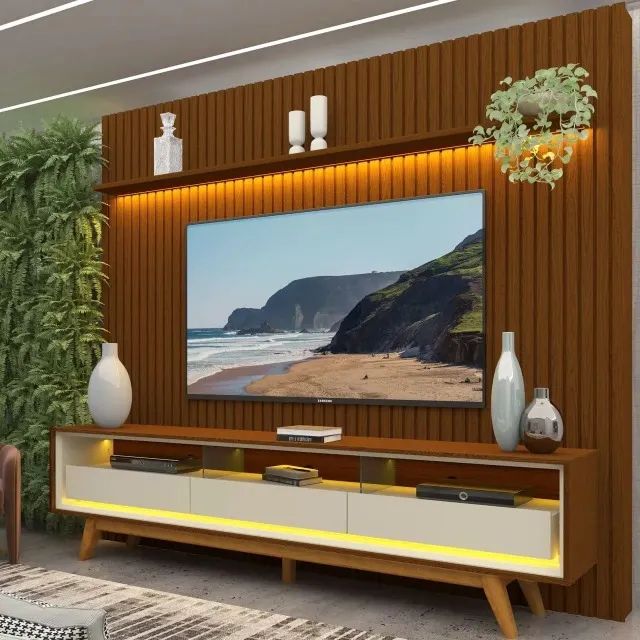 ? RACK COM PAINEL RIPADO 230CM PARA TV ATÉ 85 POLEGADAS COM LED E 3 GAVETAS - FRETE GRÁTI - Foto 3