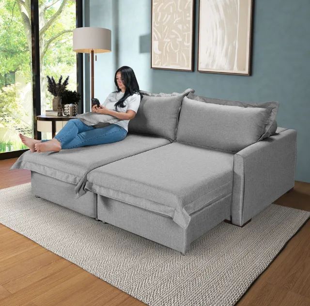 Sofá Living Retrátil Bali em Linho Cinza 