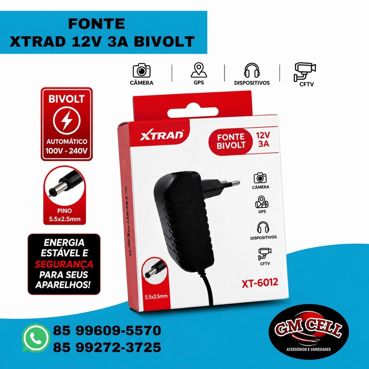 Fonte 12v 3a plug p4 5.5mm