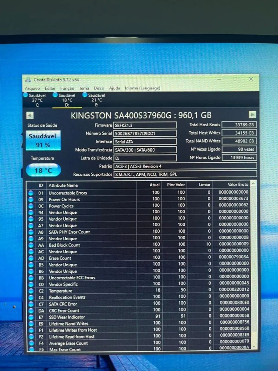 SSD Kingston A400 960GB SATA 2.5" - 91% Saúde - Funcionando Perfeitamente - Foto 3