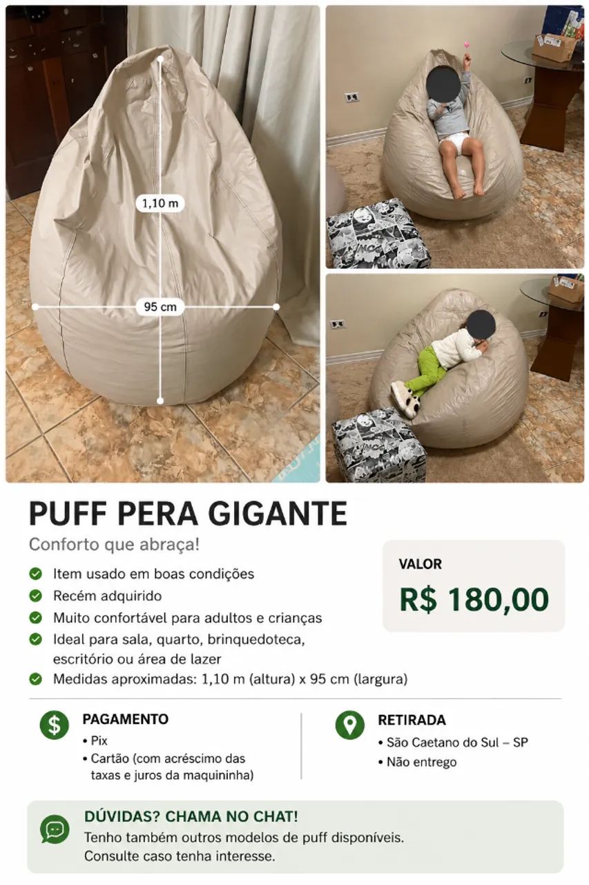 Puff Pera Gigante Premium | Bege | Super Confortável | 95 x 110 cm