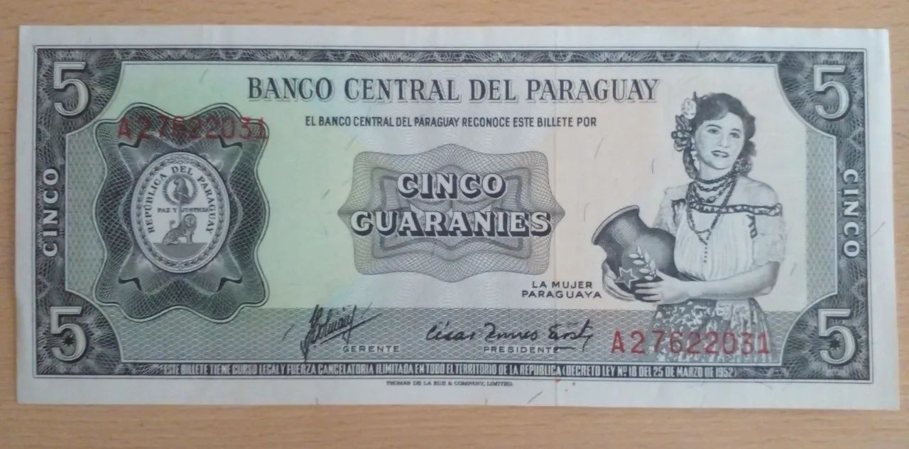 P#195 - 5 Guaranies, cor preta SOB Paraguay