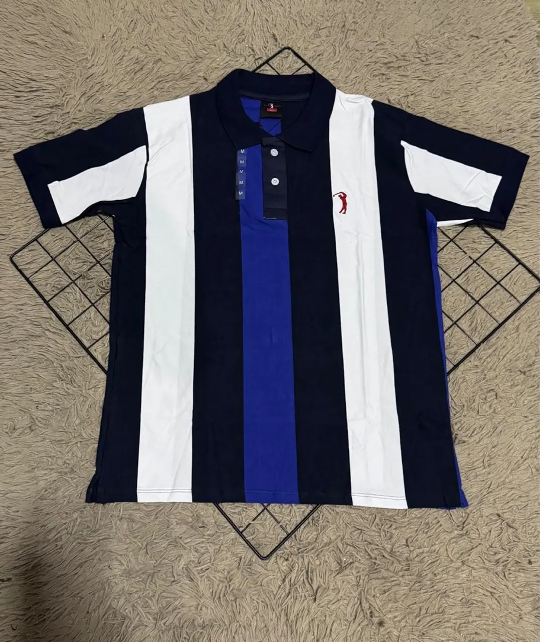 Camisa Polo Listrada Azul Marinho e Branca