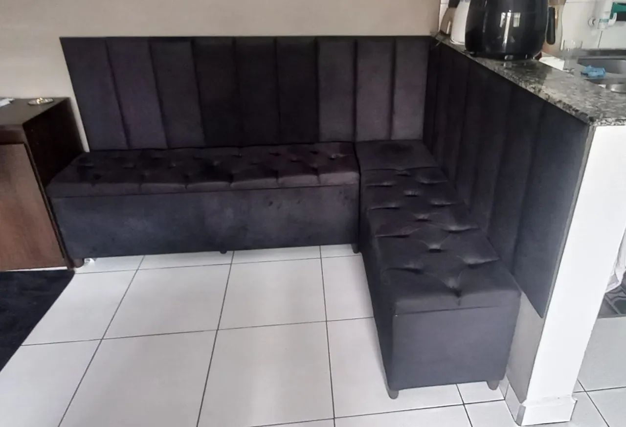 Canto Alemão com baú Preto + Puff 140cm 90cm x 40cm - Foto 2