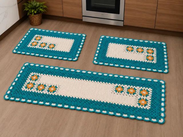 Kit passadeira em crochê  para cozinha com 3 peças verde com flores amarelas - Foto 2