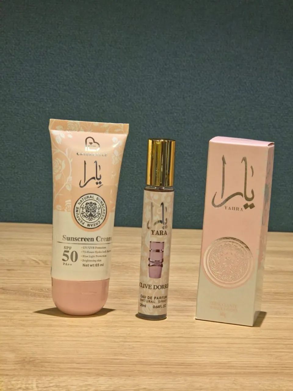 Kit Yara Lattafa (perfume 20mL, protetor solar e hidratante)