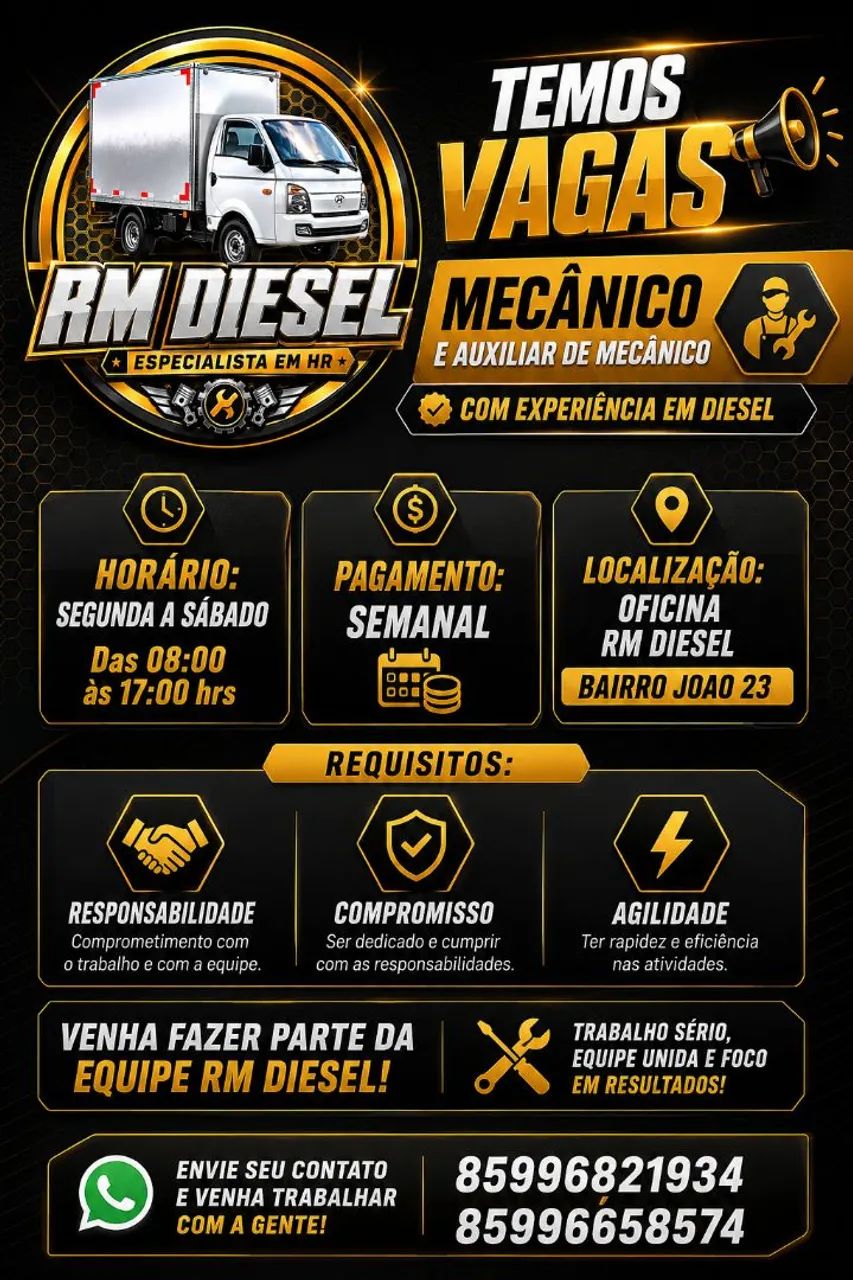 Vaga para Mecânico e auxiliar mecânico 
