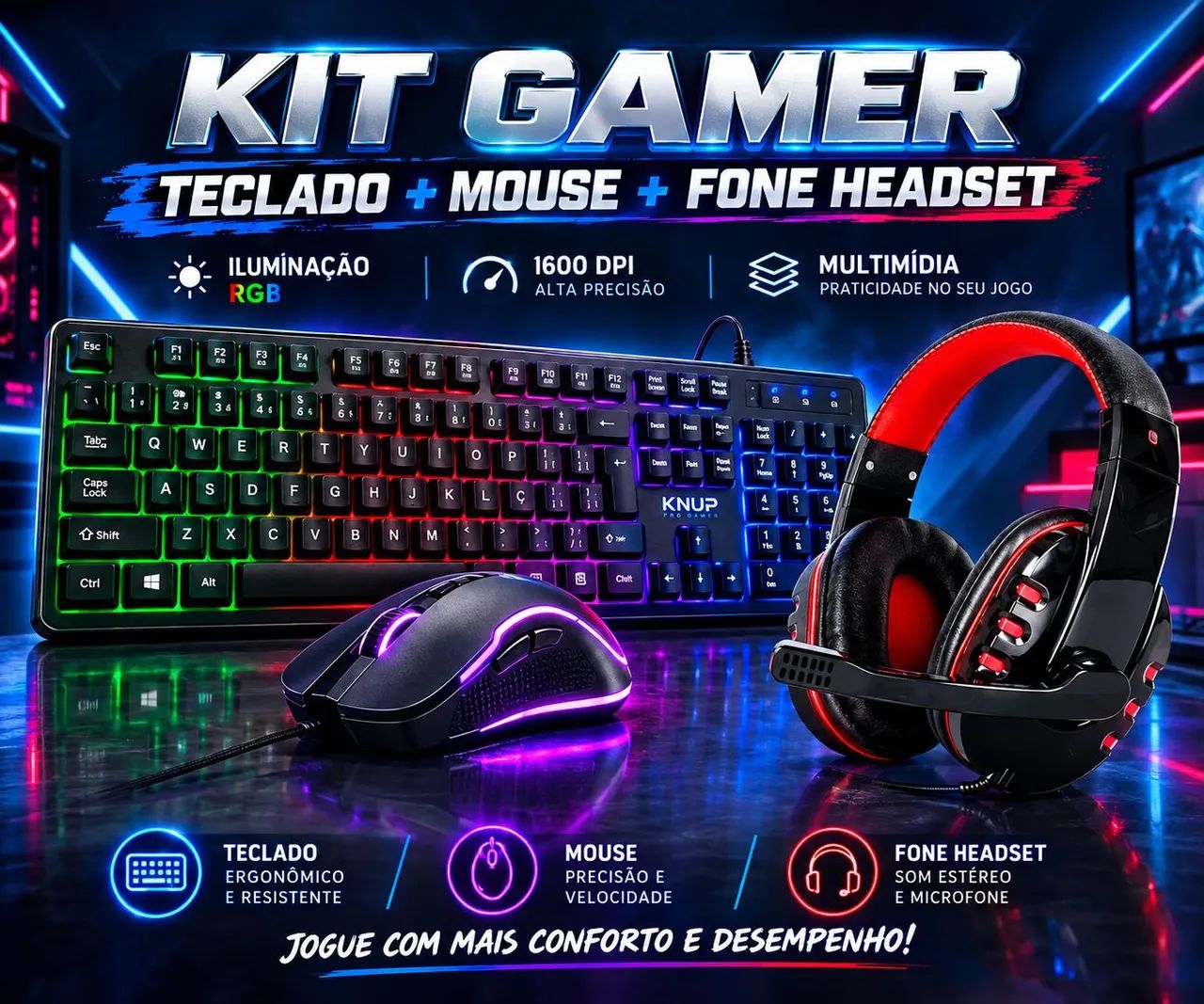 Kit Gamer 3 em 1: Teclado, Mouse e Headset RGB para PC - Foto 2