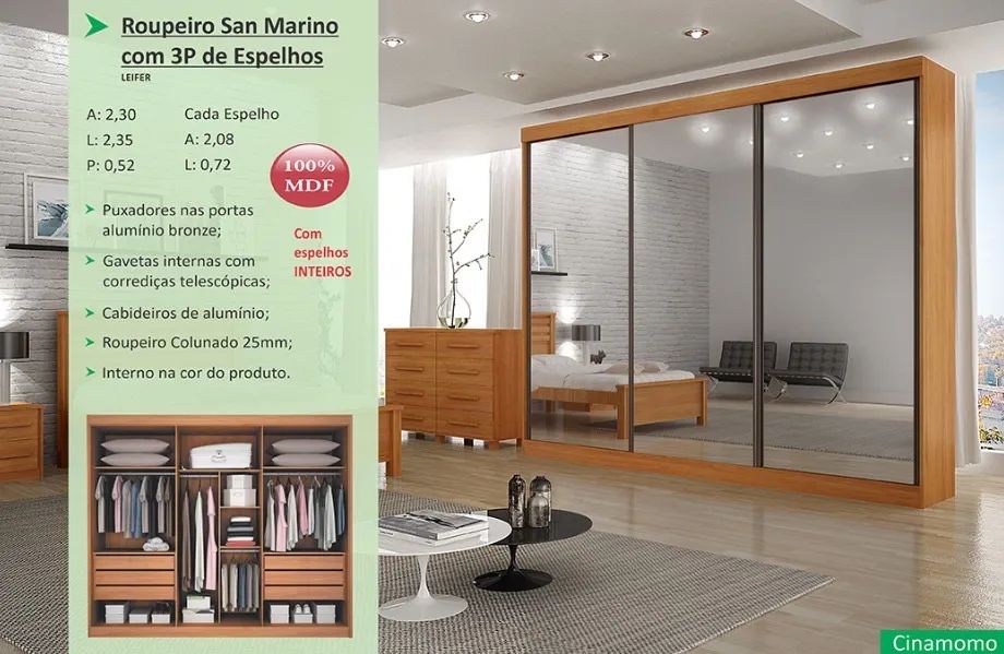 Guarda Roupa San Marino MDF com 3 espelhos 