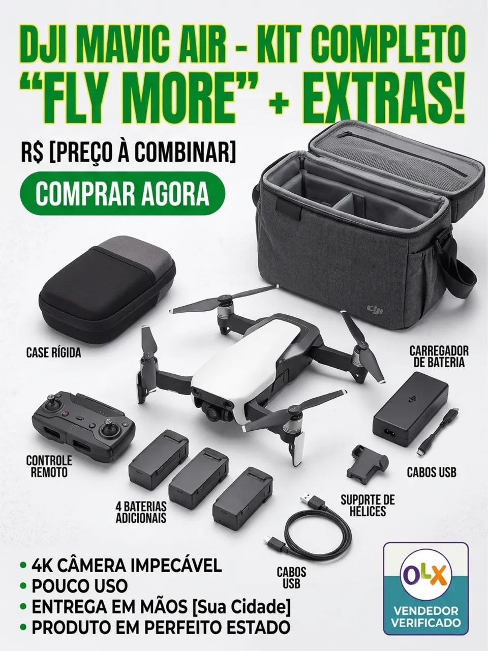 Drone DJI Mavic Air Kit Fly More (Impecável + Extras) - Pronto para Voar!