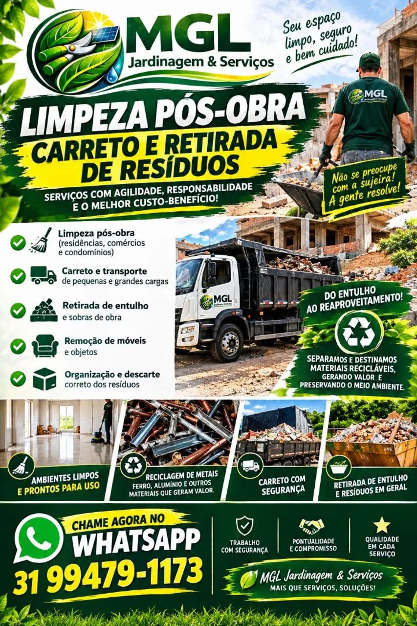 LIMPEZA PÓS-OBRA + CARRETO | RETIRADA DE ENTULHO E RESÍDUOS 