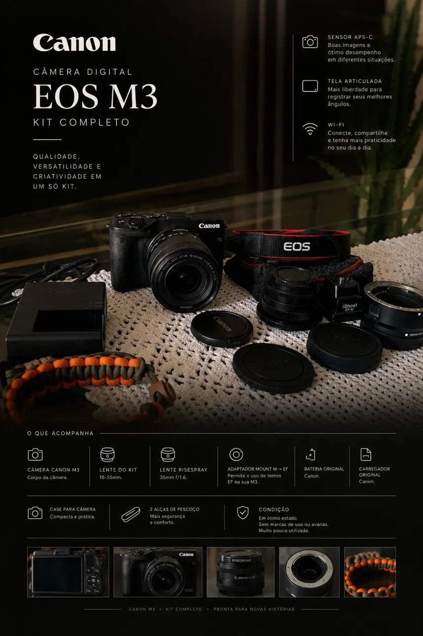 Canon EOS M3 Kit Completo 18-55mm + 35mm f/1.6 - Câmeras e