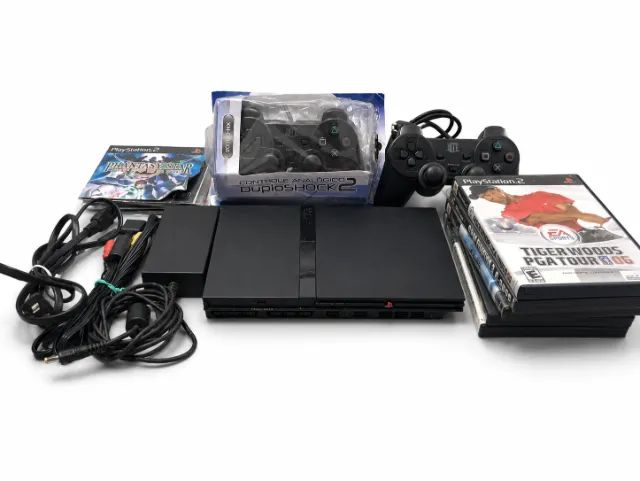 Videogame Playstation 2 Slim Desbloqueado Console com Jogos Controles e Memory Card